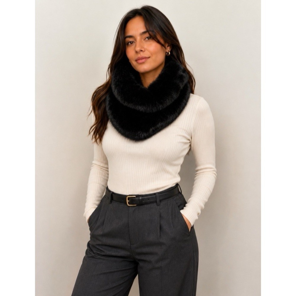 Isaac Mizrahi Large Black Rabbit Faux Fur One Size Collar Wrap Infinity Scarf